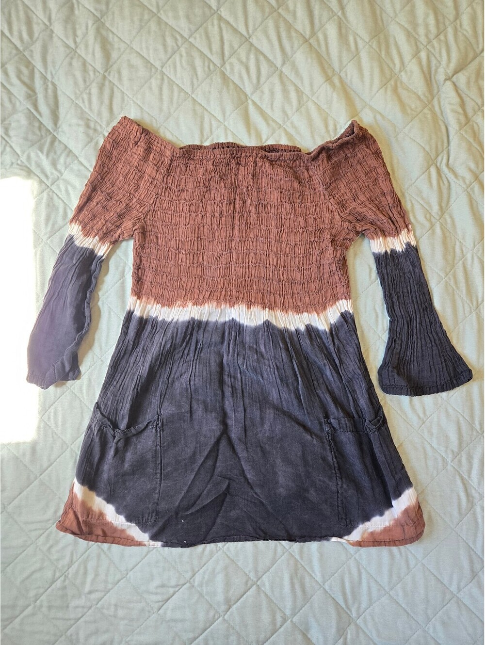 Brown and Black Tie Dye Accordian off shoulder flowy earthy top